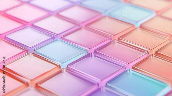 Fototapeta Close-up of transparent square tiles in pastel shades of pink, blue, and purple arranged in a grid pattern with soft lighting.