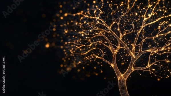 Fototapeta A glowing tree composed of golden light particles shines brightly against a dark background, creating an ethereal and magical atmosphere.
