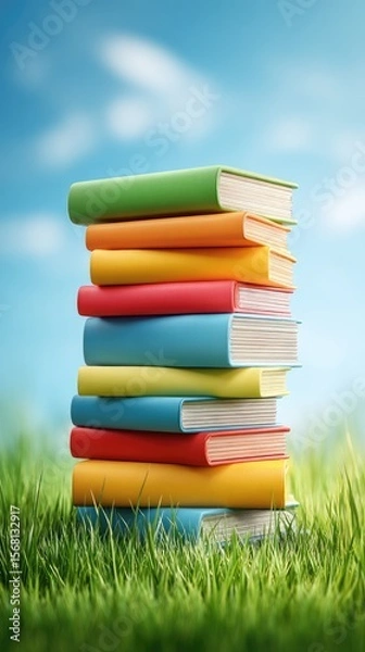 Fototapeta A stack of colorful books sits on vibrant green grass against a bright blue sky with puffy clouds