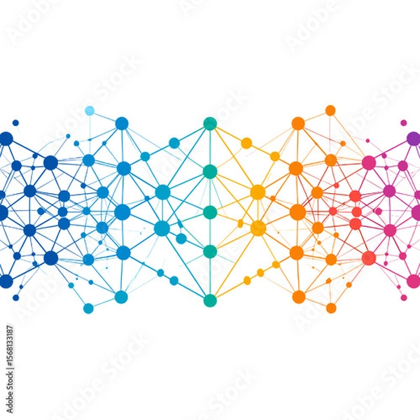 Fototapeta Abstract Colorful Network of Connected Dots on White Background with Geometric Shapes in Modern Design