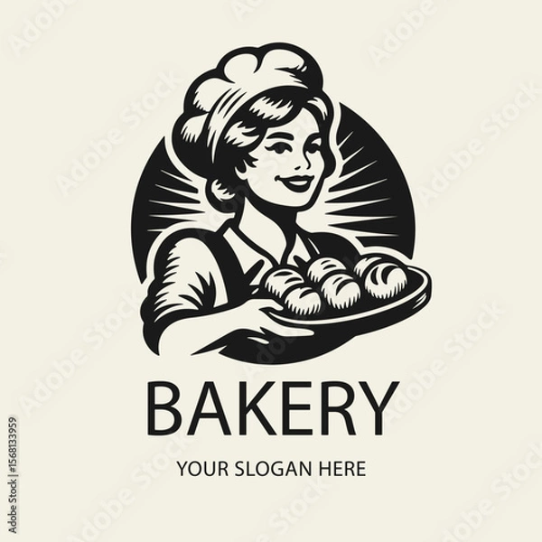 Fototapeta Black and white flat vector logo of a smiling female baker holding a tray of buns. Perfect for bakery branding, pastry shops, or baking-related designs.