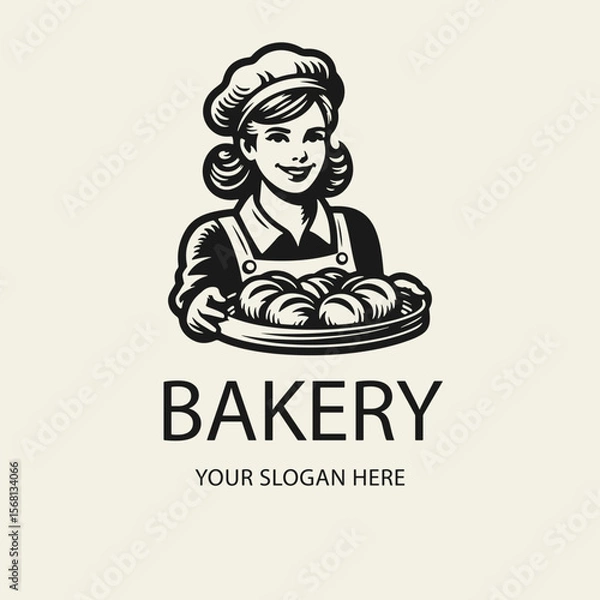 Fototapeta Black and white flat vector logo of a smiling female baker holding a tray of buns. Perfect for bakery branding, pastry shops, or baking-related designs.
