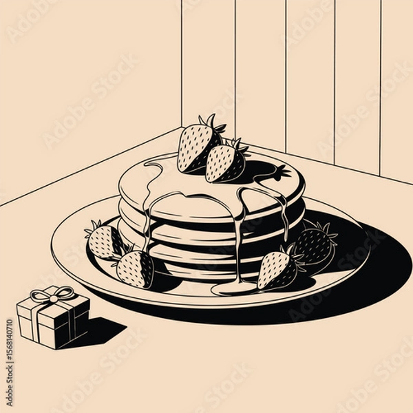 Obraz Stack of pancakes with strawberries and syrup