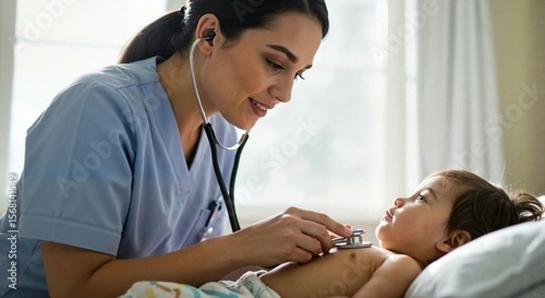 Fototapeta Female nurse examining young child with stethoscope in clinic  