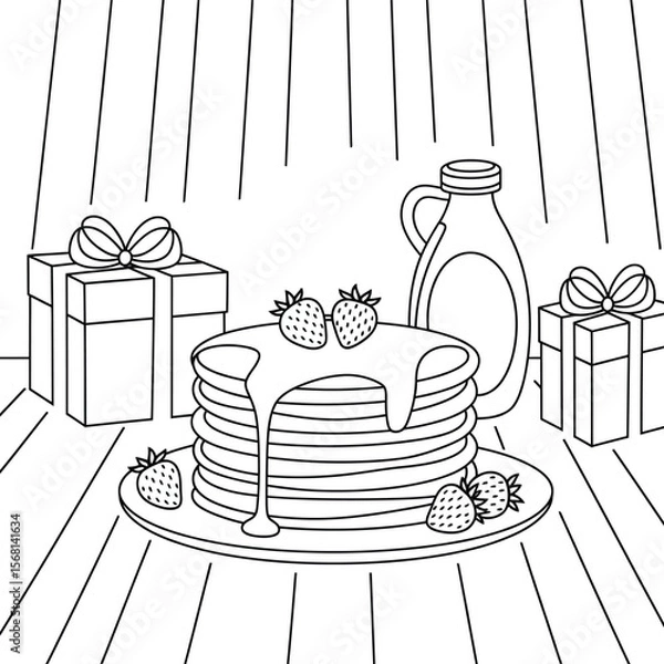 Obraz Pancakes with strawberries and syrup and gifts