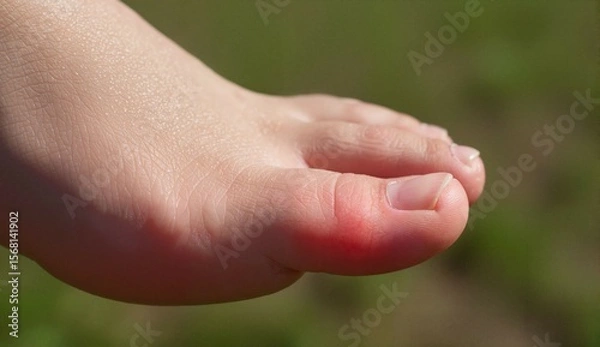 Fototapeta Child's toe with redness and swelling against green background  