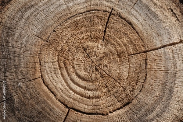 Fototapeta Stump of oak tree cut down - intricate cross-section revealing age rings and unique pattern for rustic decor enthusiasts and nature photography aficionados