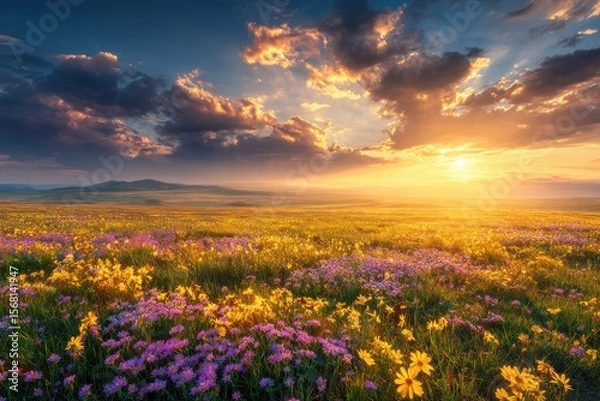 Fototapeta Serene summer landscapes featuring vibrant sunsets and blossoming flowers perfect for travel enthusiasts and nature aficionados