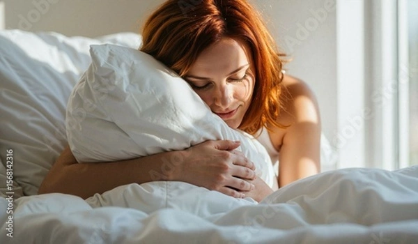 Fototapeta Young woman hugging pillow while sitting on bed in sunlight  