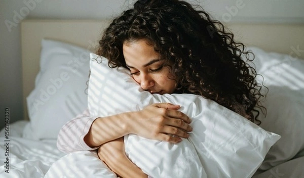 Fototapeta Woman embracing pillow in bed with sunlight streaming through
