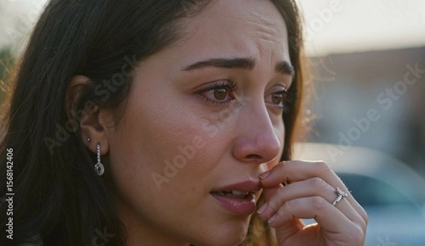 Fototapeta Young woman crying with tears while standing outdoors in sunlight  