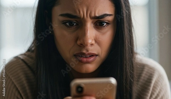Fototapeta Young woman looking upset while reading text message on phone  
