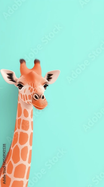 Fototapeta Giraffe with a friendly expression, with large, expressive eyes and a gentle demeanor isolated on green background. Copy space, 9x16
