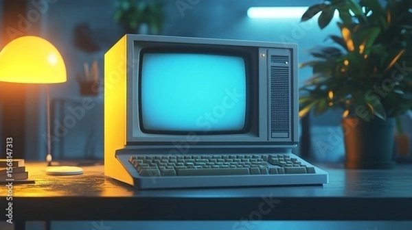 Fototapeta A vintage beige and turquoise desktop computer with a CRT monitor and keyboard, set against a bright turquoise background.