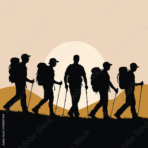 Obraz Hikers trek across a grassy hill at sunset