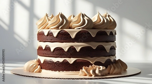 Fototapeta Elegant chocolate cake topped with creamy icing, beautifully captured against a white background for bakery or dessert visuals.