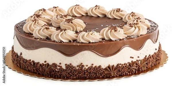 Fototapeta Elegant chocolate cake topped with creamy icing, beautifully captured against a white background for bakery or dessert visuals.