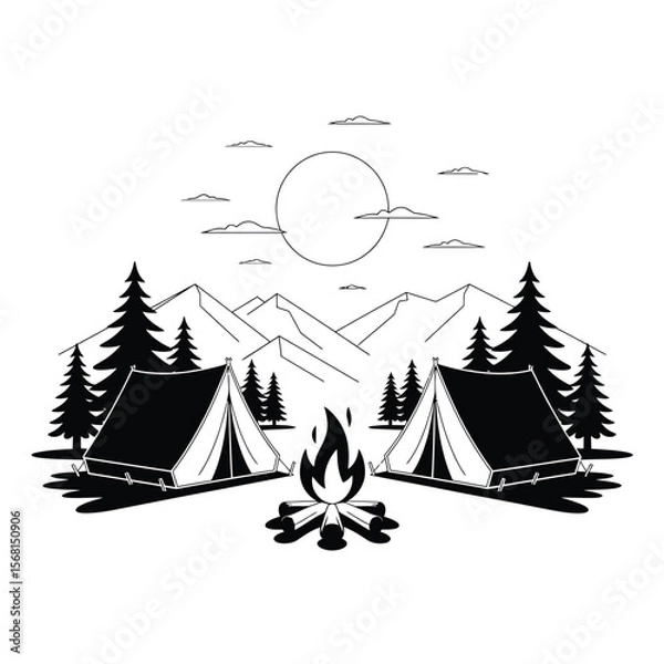 Obraz Camping scene with tents and campfire