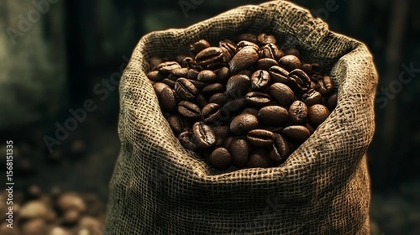 Fototapeta Burlap sack filled with dark roasted coffee beans against a dark, textured background