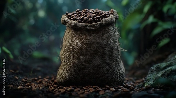 Fototapeta Burlap sack filled with dark roasted coffee beans against a dark, textured background