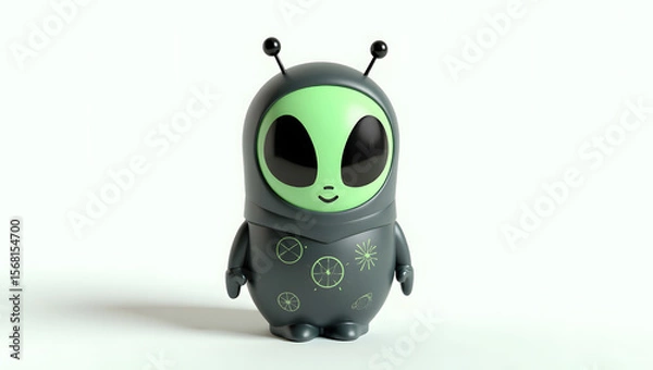 Fototapeta 3D-rendered alien matryoshka with glowing skin, big eyes, and antennae. Otherworldly but charming, keeping the classic shape, isolated on white background.
