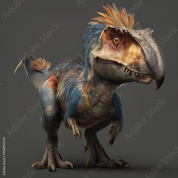 Fototapeta Vivid 3D Model of Colorful Feathered Raptor: Realistic Dinosaur Art Featuring Prehistoric Creature Anatomy and Vibrant Fantasy Design