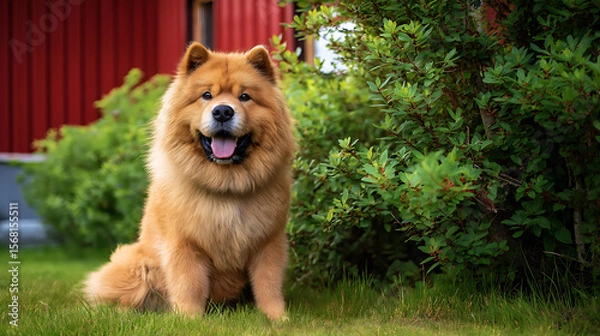 Fototapeta Fluffy Chow Chow with Happy Expression on Green Grass in Suburban Home - Portraying Joyful Canine and Beautiful Fur