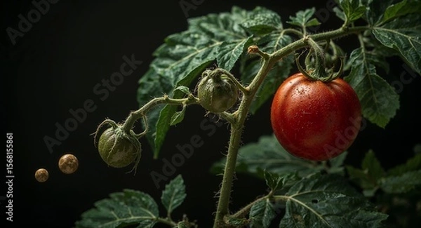 Obraz Tomato plant with a ripe red tomato and unripe green tomatoes against a dark background indoors