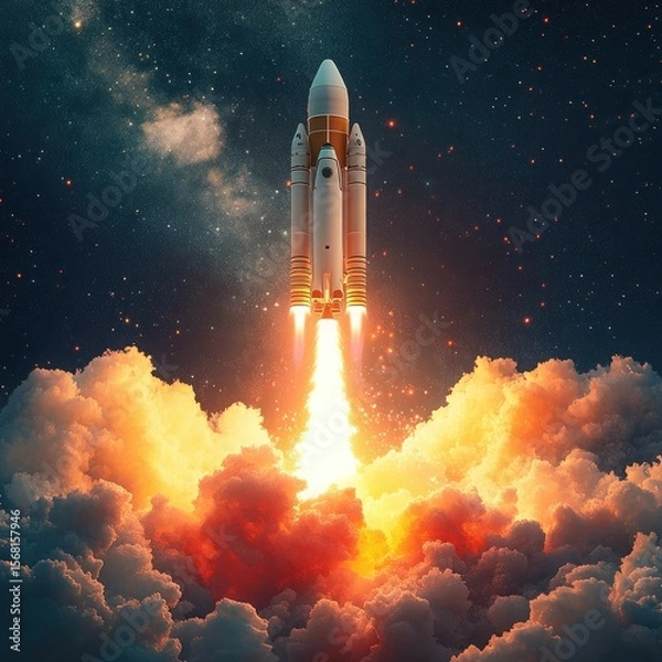 Fototapeta Rocket Launching Into Space Amidst Colorful Clouds and Cosmic Background in Futuristic Scene