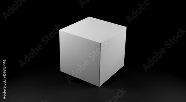 Fototapeta A simple, white cube stands against a black background, creating a minimalist aesthetic. Perfect for showcasing objects
