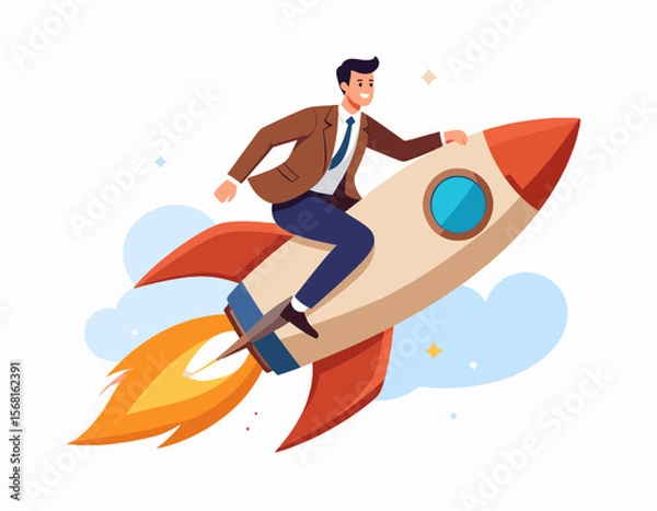 Fototapeta Cheerful Businessman Riding on Launching Rocket Through Cloudy Sky Vector Illustration with Fire Flames Brown Suit
