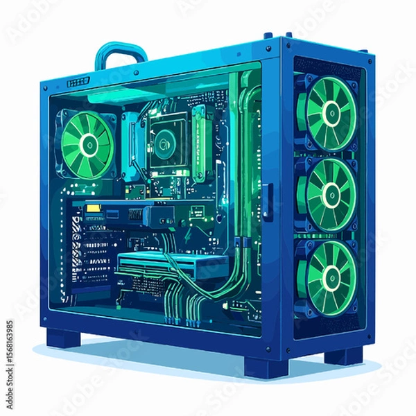 Obraz Custom Built Gaming Pc Tower with Blue Frame Green Lighting and Visible Internal Components on White Background