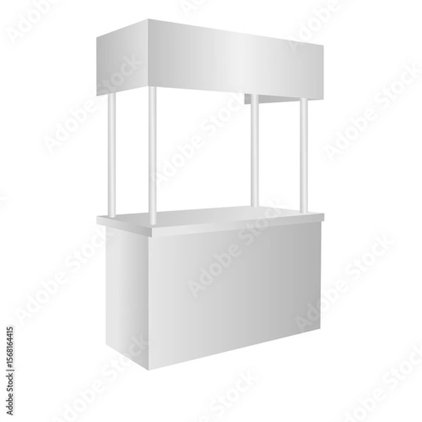 Obraz Blank white promotional table booth stand mockup, front and side view. 3D rendering. Blank promotional pop-up exhibition mockup. Clear portable shop table template. Trade kiosk presentation