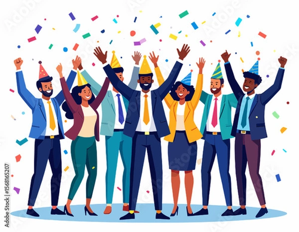 Fototapeta Diverse Business Team Celebrating Success with Confetti and Party Hats in a Bright Office Environment with Joy and Enthusiasm