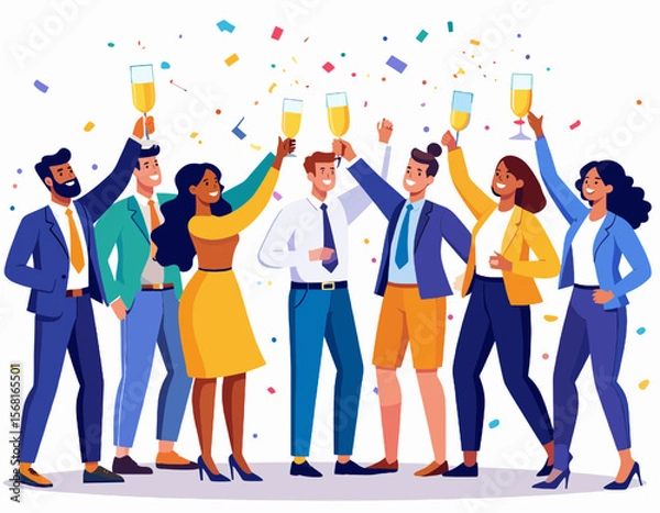 Obraz Diverse Cheerful Business Team Celebrating with Champagne and Confetti in a Vector Illustration