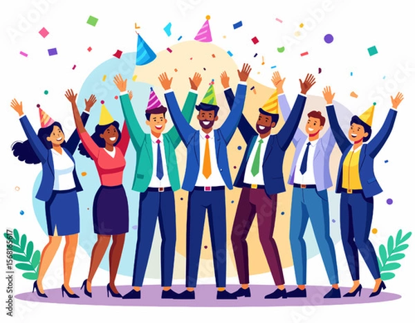 Obraz Diverse Group Celebrating with Confetti Wearing Party Hats in Joyful Office Celebration Against a Light Background