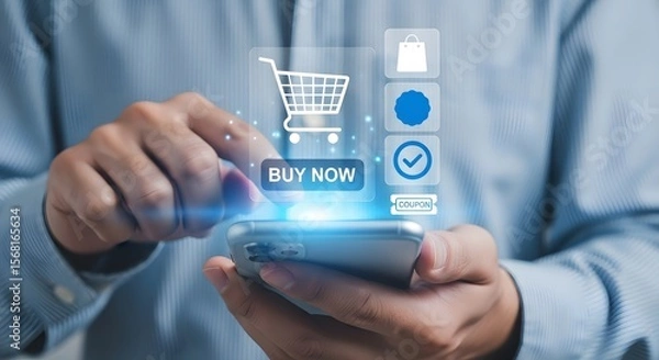 Fototapeta Man is shopping online using his smartphone, clicking the buy now button with a virtual cart, bag and coupon for an intuitive digital experience.