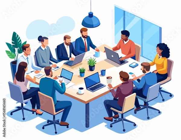 Obraz Diverse Group in a Business Meeting Around a Table with Laptops and Coffee in a Bright Modern Office Setting in Isometric View