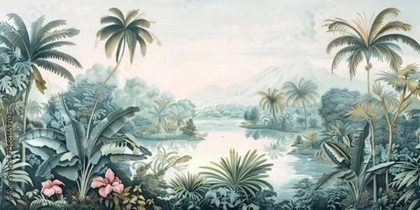 Fototapeta Wallpaper serene tropical landscape painting in pastel tones	

