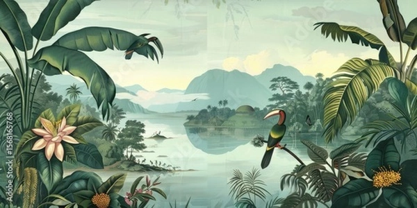 Fototapeta Wallpaper serene tropical landscape painting in pastel tones	
