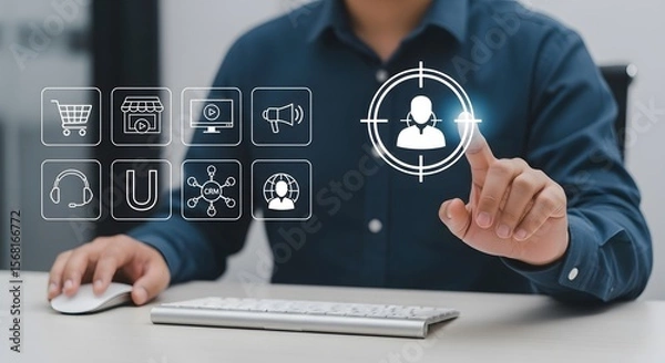 Fototapeta Businessman is interacting with virtual screens displaying digital marketing and shopping icons for a personalized customer experience.