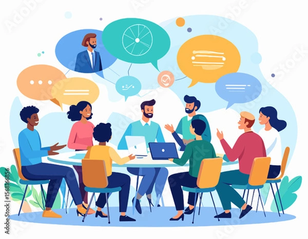 Obraz Diverse Team Discussing Business Strategy at Round Table in Modern Office with Blue and Yellow Accents, Laptop and Speech Bubble