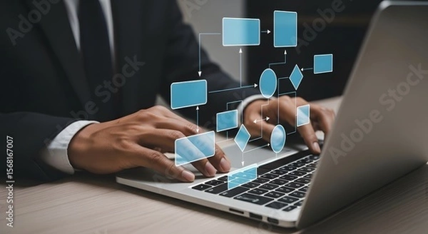 Fototapeta Businessman working on laptop illustrating business process flow for organizational efficiency, strategy and planning, and project management
