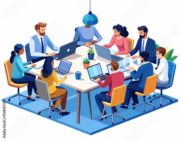Obraz Diverse Team Meeting Around Conference Table with Laptops in Brightly Lit Room Isometric View of Office Collaboration and Corporate Strategy Session