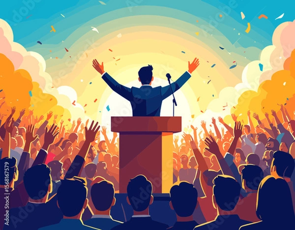 Obraz Energetic Pixel Art Illustration of Political Leader Addressing a Large Cheering Crowd Under Sky With Confetti
