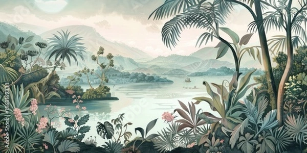 Fototapeta Wallpaper serene tropical landscape painting in pastel tones	
