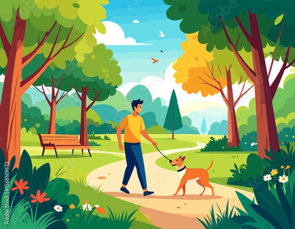 Obraz Illustration of a Man Walking his Dog on a Sunny Path in a Park with Green Trees Orange Bench and Blue Sky