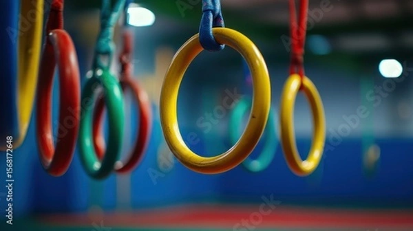 Fototapeta Colorful Gymnastics Rings Hanging in a Children's Play Area for Exercise and Fun