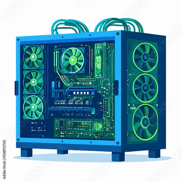 Obraz Pixel Art Computer Case with Green Cooling Fans and Blue Frame on White Background Electronic Components and Internal Hardware