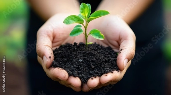 Fototapeta Hands delicately cradle a seedling, symbolizing hope and environmental care